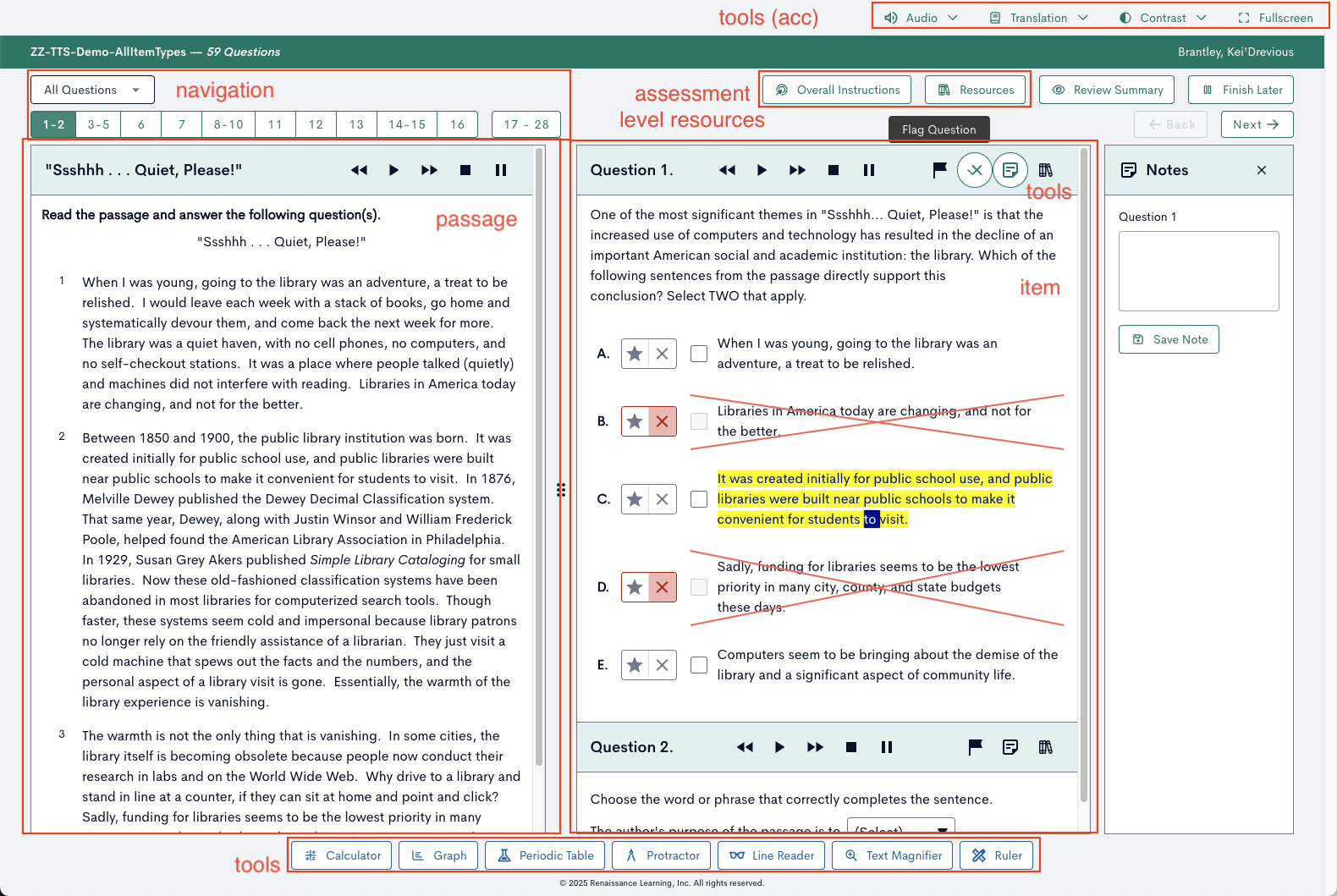A section as students see it: passage, items, tools, accommodations, and navigation composed into a single view