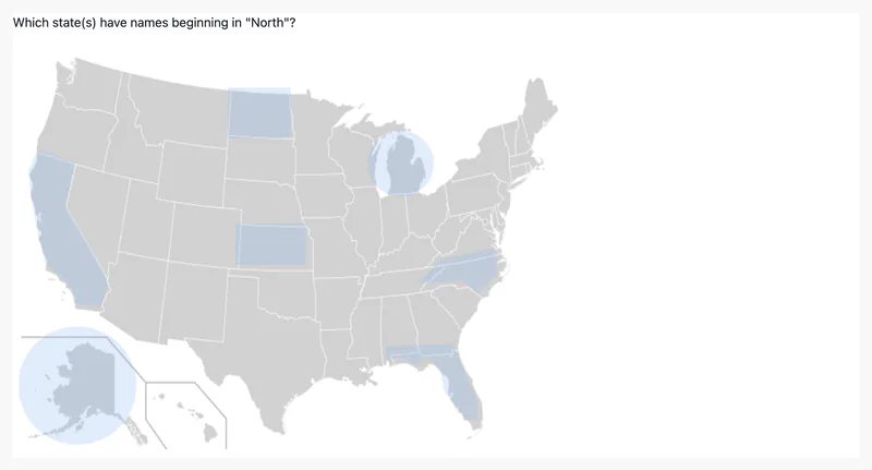The question "Which state(s) have names beginning in "North"?" above a map of the United States with several states and areas shaded as clickable regions.