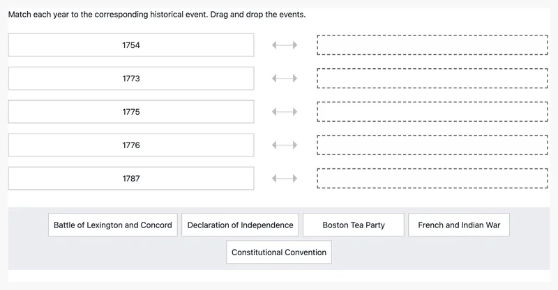 The prompt "Match each year to the corresponding historical event. Drag and drop the events." with the years 1754, 1773, 1775, 1776 and 1787 each beside an empty drop zone, and five event tiles below, including Boston Tea Party and Declaration of Independence.